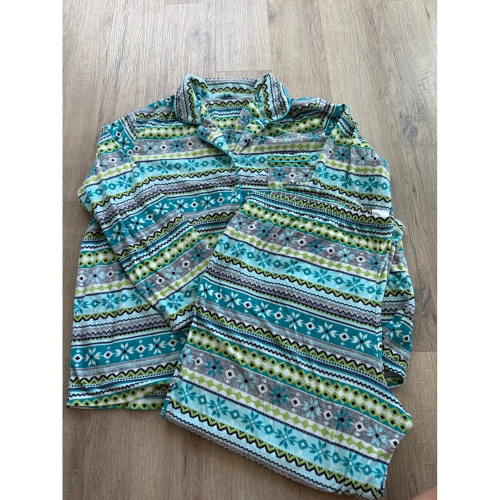 Secret Treasures Womens 3X Plus Fair Isle Fleece Pajama Set Teal Green Flaw